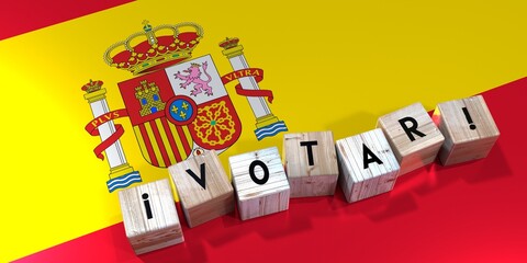 Spain - vote cube words and national flag - election concept - 3D illustration