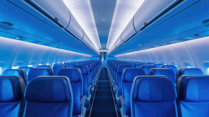 Modern Airplane seats in perspective. Transportation concept. Aircraft's corridor interior in modern tones.