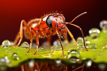 Thirsty Red Ant Sipping Dewdrops on Flower Petals