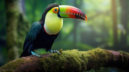 Keel-billed Toucan, Ramphastos sulfuratus, bird with big bill sitting on the branch in the forest. Nature travel in central America.