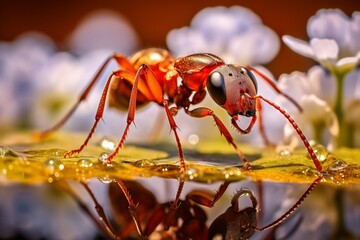 Thirsty Red Ant Sipping Dewdrops on Flower Petals