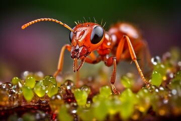 Thirsty Red Ant Sipping Dewdrops on Flower Petals
