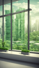 Eco green city view though window in office or workplace background