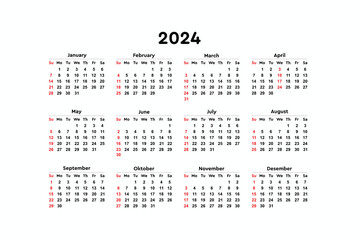 Calendar 2024, week start Sunday corporate design template vector.