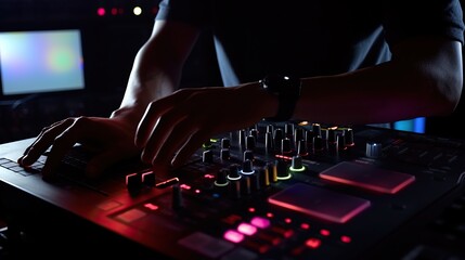Dj mixing songs , DJ Hands, dj console mixer on concert nightclub stage, music colors. in...