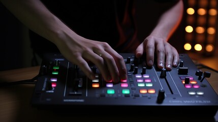 Dj mixing songs , DJ Hands, dj console mixer on concert nightclub stage, music colors. in nightclubs , at parties .generative AI