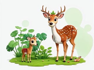 Obraz na płótnie Canvas Free Whimsical Adorable Deer and Baby Cartoon in Greenery, Generative AI