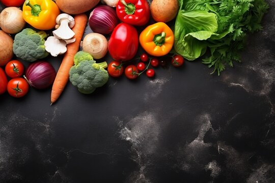 Assorted Fresh Vegetables on Textured Dark Marble Table