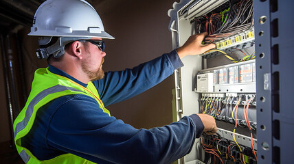 Electrician installing electric cable wires of fuse switch box. - obrazy, fototapety, plakaty