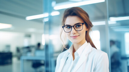Fototapeta premium Beautiful young woman scientist wearing white coat and glasses in modern medical science laboratory. 