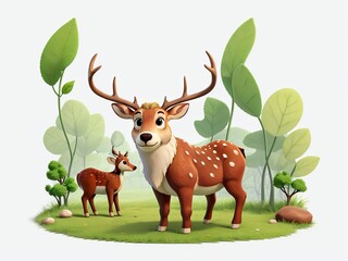 Obraz na płótnie Canvas Free Whimsical Adorable Deer and Baby Cartoon in Greenery, Generative AI