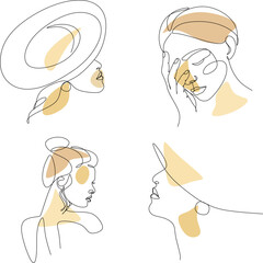 Set for drawing abstract lines of a woman's face in a hat. Fashionable female portrait in minimalist boho style. Drawing of a woman's face contour. Continuous line art Fashionable minimal portrait. Be