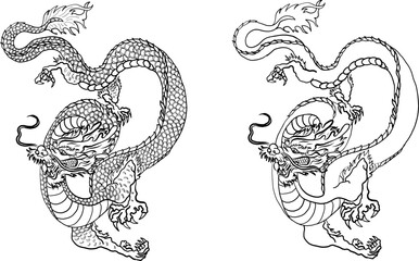 Japanese red dragon tattoo.Dragon on red background for Chinese New Year.Gold Chinese Dragon vector.Gold line art King Dragon tattoo.cartoon vector for t-shirt.