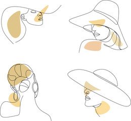 Set for drawing abstract lines of a woman's face in a hat. Fashionable female portrait in minimalist boho style. Drawing of a woman's face contour. Continuous line art Fashionable minimal portrait. Be