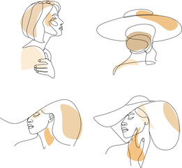 Set for drawing abstract lines of a woman's face in a hat. Fashionable female portrait in minimalist boho style. Drawing of a woman's face contour. Continuous line art Fashionable minimal portrait. Be