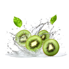 Creative layout made from Sliced of kiwi and water Splashing on a white background 