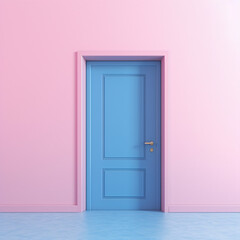 Minimal scene of blue door on pink wall background