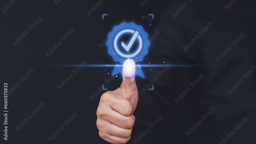 Poster certified guarantee approval or secure access system concept. male hand show the warranty identity p