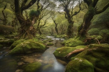 Magical woodland in Asturias featuring twisted trees and flowing river. Generative AI