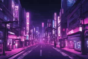 Rolgordijnen Tokyo City by Night Anime and Manga drawing illustration city views magenta purple neon © ArtisticLens