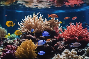 Naklejka na ściany i meble Tropical sea underwater fishes on coral reef Aquarium oceanarium wildlife colorful marine panorama 