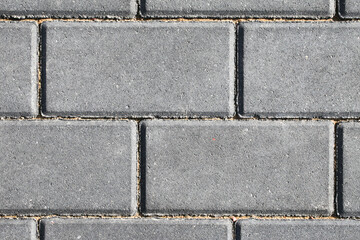 Gray brick pavement texture. Even blocks pattern. Brick flooring. Outdoor sunny texture. Walkway background. Brick pattern. Closeup construction. Empty copy space blocks.