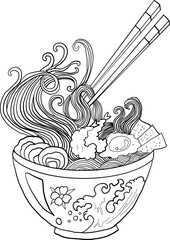 Japanese ramen vector for elements on menu in restaurant.Bowl noodles and chopsticks sketch. Asian food. Chinese, Korean, Japanese cuisine. Hand drawn vector illustration.Traditional Japanese ramen.