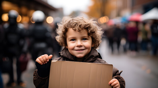 A child on the street with a sign to write a message