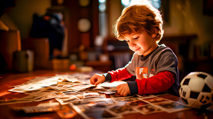 A boy with a collection of stickers at home - obrazy, fototapety, plakaty