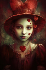 Illustration, beautiful cartoon girl with hearts, in vintage style