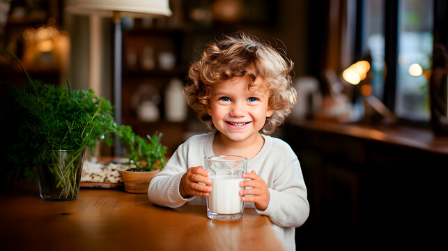 A blond boy drinking a glass of milk in the kitchen at home