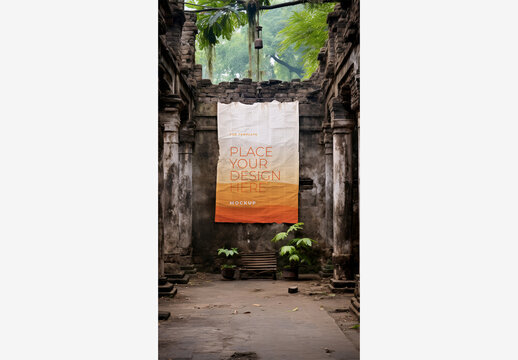 Large White Sheet Hanging From Ceiling in Building with Stone Pillars, Planters, and Bench - Frame Poster Billboard Mockup