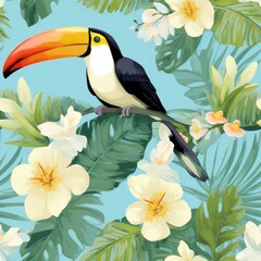 toucan bird with flowers Hawaiian shirt seamless pattern. Textile exotic tropical print.