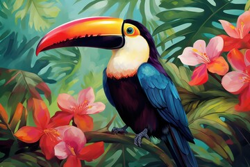 toucan bird in the jungle watercolor illustration. Textile exotic tropical print.