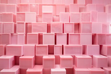 pink wall with soap bar cubes abstract background. Fashion trendy set design scene. 