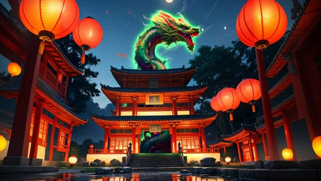 Dragon Wood Near Pagoda Chinese Celebration Lunar New Year