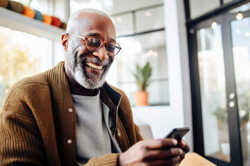 Portrait of a relaxed senior man laughing while using his smartphone at home. Modern lifestyle of the elderly people. 