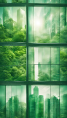Double exposure of lush green forest and modern skyscrapers windows of building. Green city concept