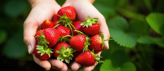 Strawberries picked and held over plants With copyspace for text - Powered by Adobe