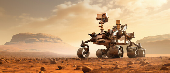 Rover on Mars surface. Exploration of red planet. Space station expedition. Perseverance. - obrazy, fototapety, plakaty