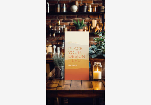 Blank White Paper on Wooden Table with Candle and Potted Plants in Restaurant Setting - Frame Poster Billboard Mockup