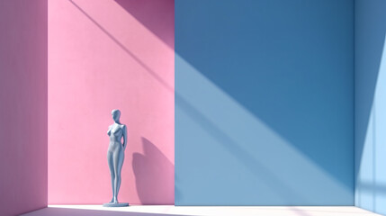 Minimal scene of human sculpture in blue window