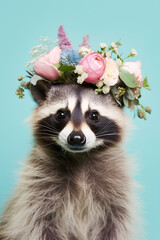 Portrait of racoon with flowers on head in front of blue background