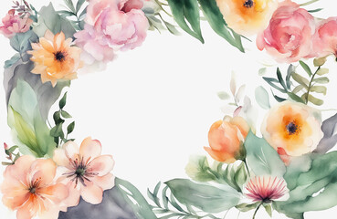  Floral boarder frame with white copy space background water color style