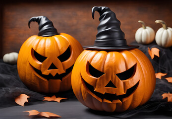 Orange pumpkin with a scary face wearing a black witch hat on Halloween.