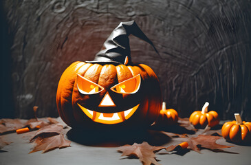 Orange pumpkin with a scary face wearing a black witch hat on Halloween.