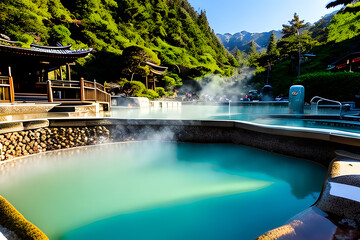 A famous hot spring in a deep mountain. Generative AI