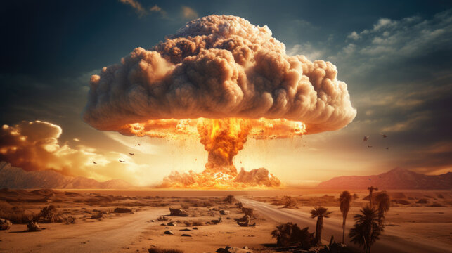 Terrible explosion of a nuclear bomb with a mushroom in the desert. Hydrogen bomb test