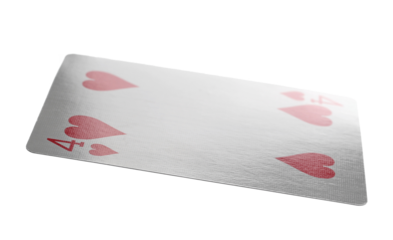 Flying playing card for poker and gambling, four heart isolated on white, clipping path
