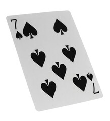 Flying playing card for poker and gambling, seven spade isolated on white, clipping path
